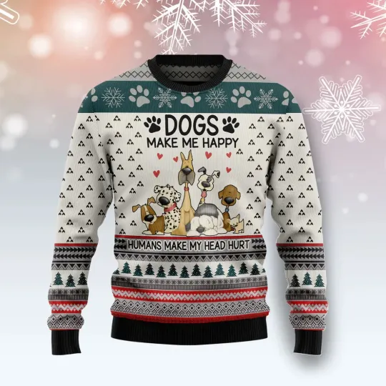 Discover Dogs Make Me Happy Ugly Christmas Sweater - 3D Print Ugly Sweatshirt