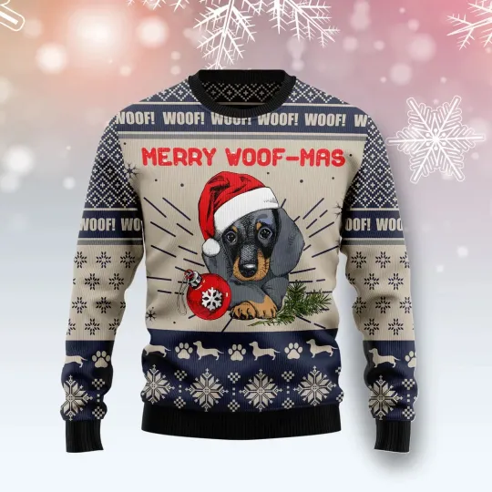 Discover Dachshund Merry Woofmas unisex womens & mens - 3D Print Ugly Sweatshirt