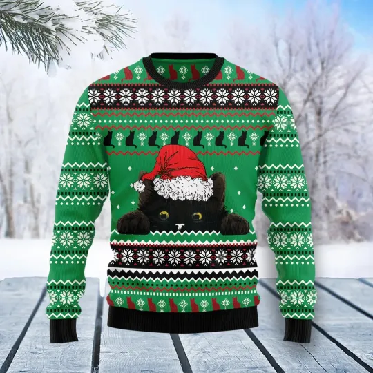 Discover Black Cat Hide Ugly Christmas Sweater - 3D Print Ugly Sweatshirt