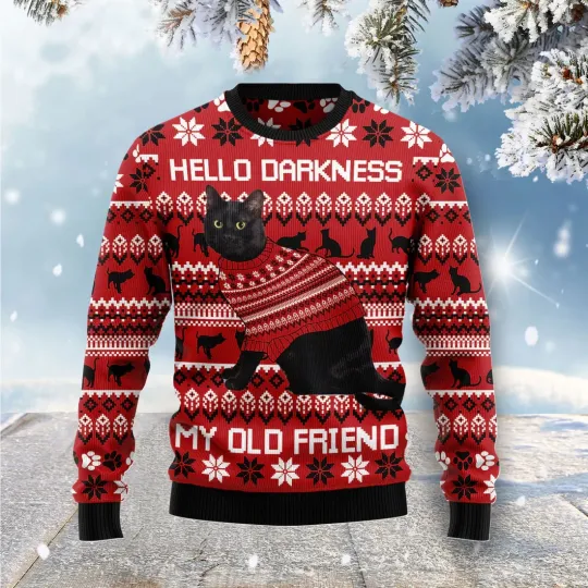 Discover Black Cat Hello Darkness My Old Friend Ugly Sweater - 3D Print Ugly Sweatshirt