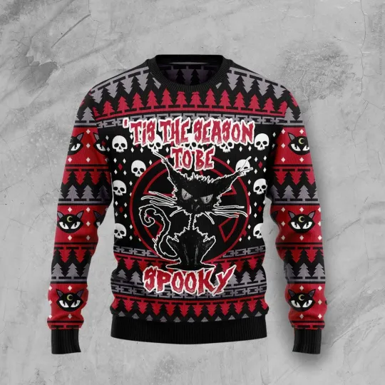 Discover Black Cat Spooky Halloween Ugly Christmas Sweater - 3D Print Ugly Sweatshirt