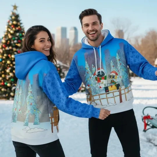 Wall-E And Eve Robot Couple Christmas Tree Lights Santa Hat Hoodie 3D Printed