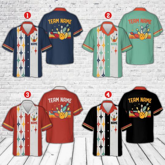 Discover Personalized Retro Bowling Hawaiian Shirt, Custom Name Bowler Button Down Shirt, Matching Bowling Team Shirt, Starbust Bowling Lover Gift