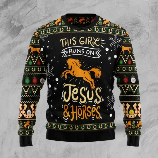 Discover Girls run on jesus and horses Ugly Christmas - 3D Print Ugly Sweatshirt
