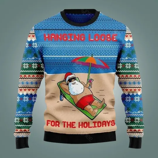 Discover Hang Loose For The Holidays Santa Ugly Christmas - 3D Print Ugly Sweatshirt