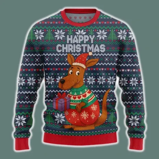 Discover Happy Christmas Kangaroo Ugly Christmas Sweater - 3D Print Ugly Sweatshirt