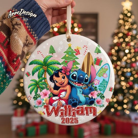 Discover Personalized Lilo and Stitch Ceramic Christmas Ornament
