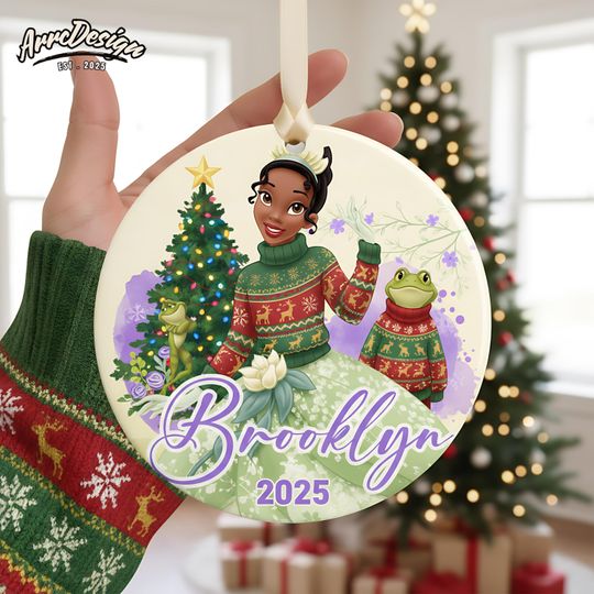 Discover Princess Tiana Ceramic Ornament: Personalized Green Holiday Tree Keepsake