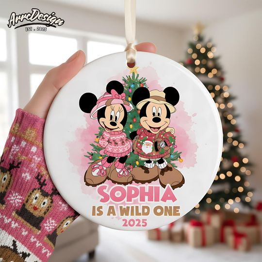 Discover Mickey and Minnie Safari Ornament: Personalized Pink Christmas Ceramic Keepsake
