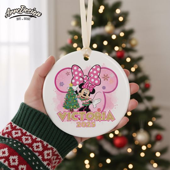 Discover Personalized Minnie Mouse Ornament: Custom Pink Bow Ceramic Christmas Gift