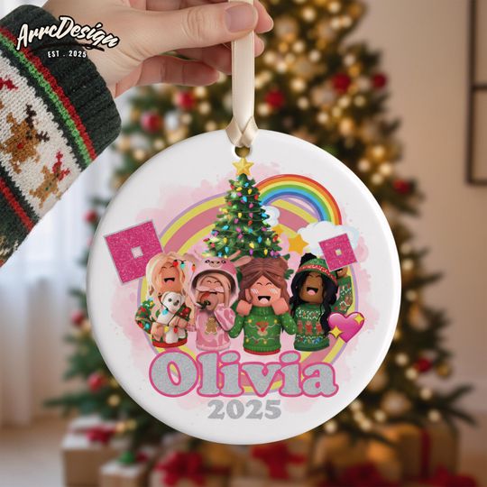 Discover Personalized Video Game Girls Ceramic Christmas Ornament: Custom Rainbow Holiday Decor