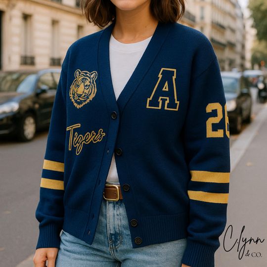Discover Knit Cardigan Custom College Shirt Custom Number Sweater Sorority Gift Hockey Cardigan Monogram Patch Game Day Shirt Football Volleyball