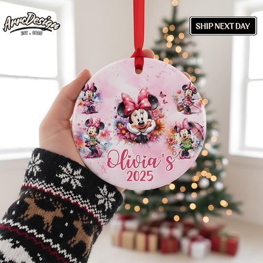 Discover Personalized Minnie Mouse Christmas Circle Ceramic Ornament