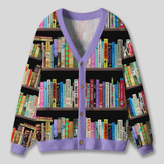 Discover 2025 Bookshelf Ugly Cardigan Sweater, Librarian Shirt, Holiday Party Gift for Book Lovers, Bookworm Shirt