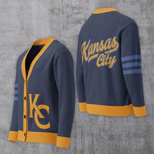 Discover Kansas City Navy and Yellow Letterman Cardigan