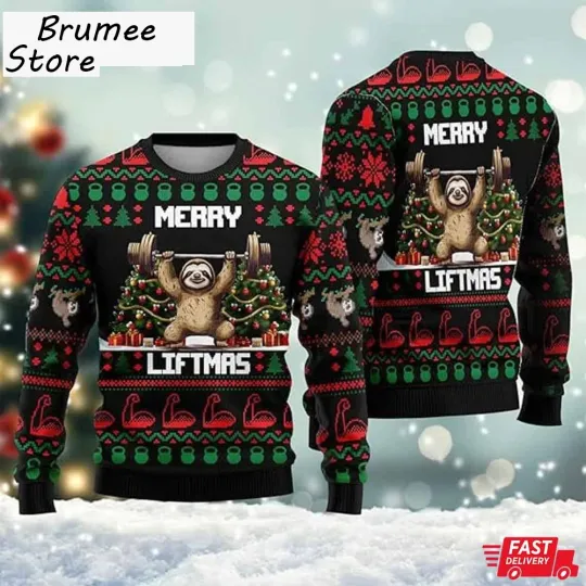 Discover Sloth Merry Liftmas Ugly Christmas Sweater Funny Gym Holiday Fitness Xmas Jumper