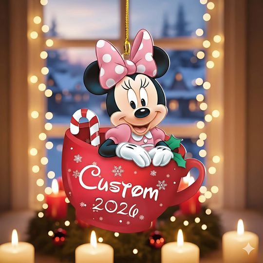 Discover Personalized Minnie Mouse Christmas Ornament, Hot Cocoa Cup Acrylic Ornament, Custom Name & Year Tree Decoration, Holiday Disney Gift