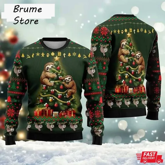 Sloth Xmas Tree Ugly Christmas Sweater Cute Holiday Sloth Christmas Jumper