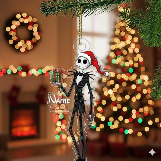 Discover Custom Name Nightmare Skeleton Suit Xmas Acrylic Ornament, Jack Skellington Xmas Ornament, Customized 2025 Christmas Tree Gift For Boy