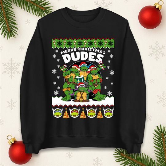 Discover Merry Christmas Dudes Turtle Christmas Jumper, Xmas Festive Tee Top, Dude Turtle Christmas Hoodie, Xmas Gift Top