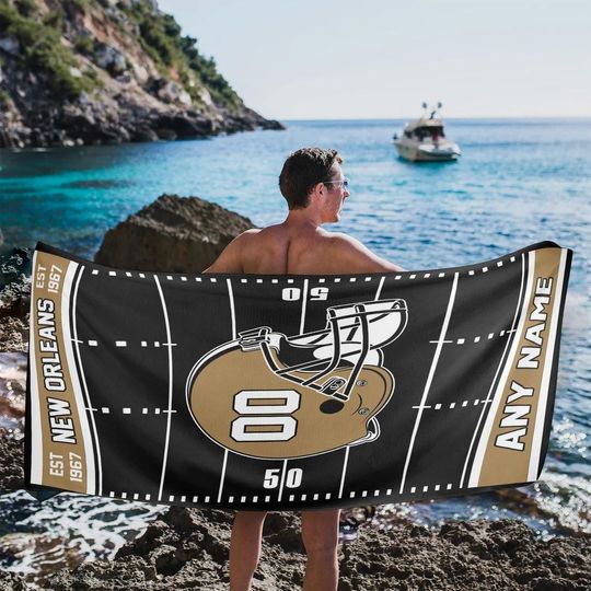Discover Custom Football Beach Towel, Personalized New Orleans Beach Towel with Name and Number Custom Game Day Football Team Style Decor Fan Gifts