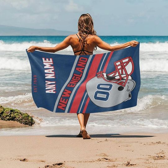 Discover Custom Football Beach Towel, Personalized New England Beach Towel with Name and Number Custom Game Day Football Team Style Decor Fan Gifts
