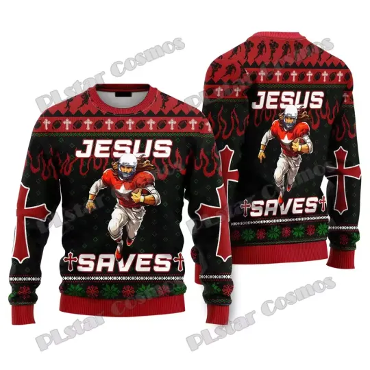 Jesus Saves Football Ugly Christmas Sweater Funny Holiday Jumper