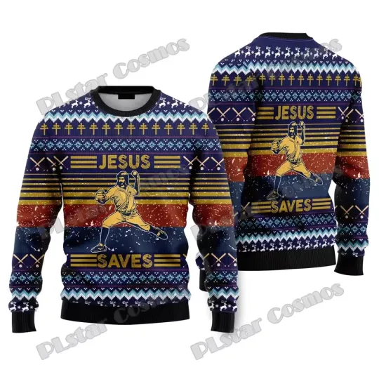 Jesus Saves Funny Goalie Ugly Christmas Sweater Retro Holiday Jumper
