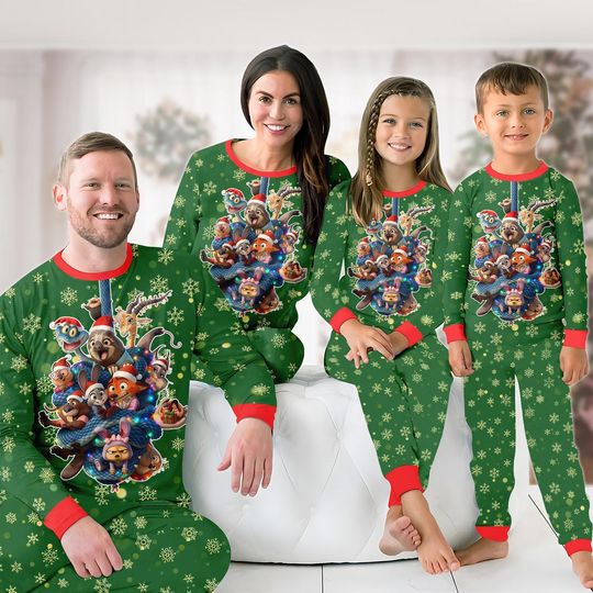 Snowflake Print Family Pajamas, Christmas Zootopia Long Sleeve Set, Cartoon Characters Xmas Family PJs