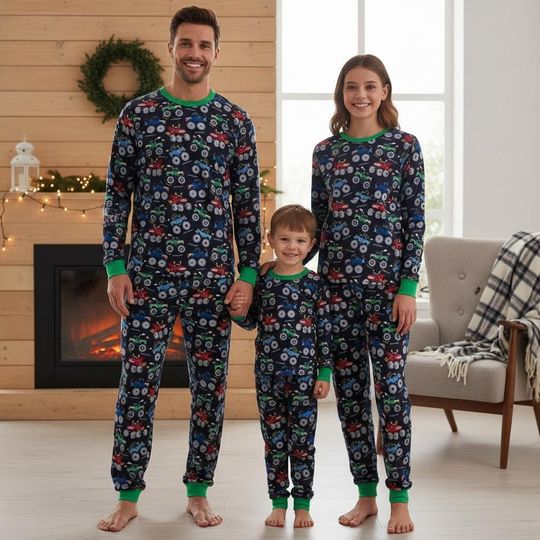 Monster Truck Family Pajamas, Toy Car Long Sleeve PJs, Holiday Long Tee & Pants PJs, Family Matching Pajamas Set, Family Sleepwear Xmas
