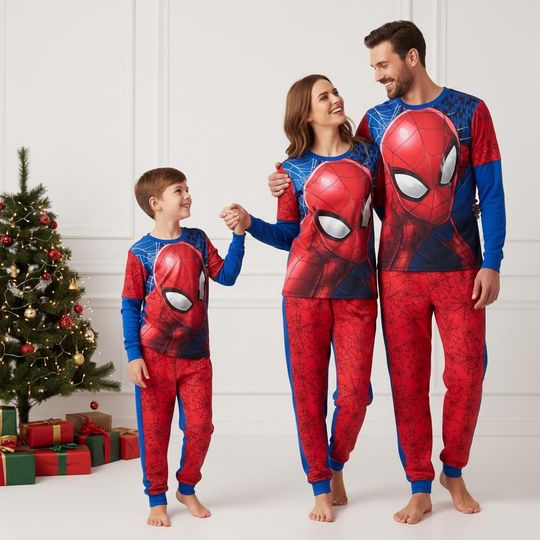 Discover Spider Hero Family Pajamas, Spider Web Long Pajamas, Red Mask Long Tee & Pants PJs, Family Matching Pajamas Set, Pajama Family Gift