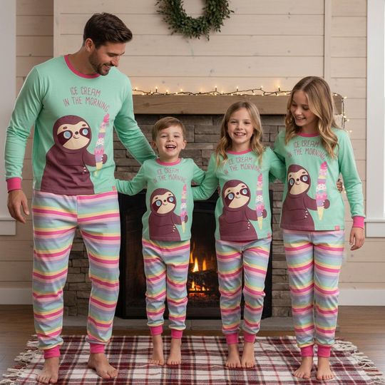 Sloth Family Pajamas, Sloth Ice Cream Long Pajamas, Mint Green Long Tee & Pants PJs, Family Matching Pajamas Set, Family Sleepwear Gift