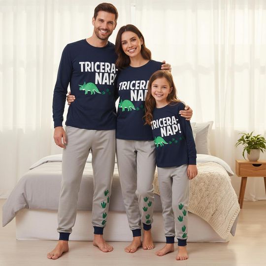 Discover Dinosaur Family Pajamas, Triceratops Long Pajamas, Green Dinosaur Long Tee & Pants PJs, Family Matching Pajamas Set, Family Sleepwear G