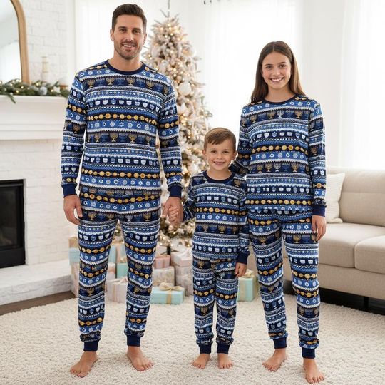 Hanukkah Family Pajamas, Menorah Long Sleeve PJs, Blue Long Tee & Pants PJs, Family Matching Pajamas Set, Christmas Pajama Gift