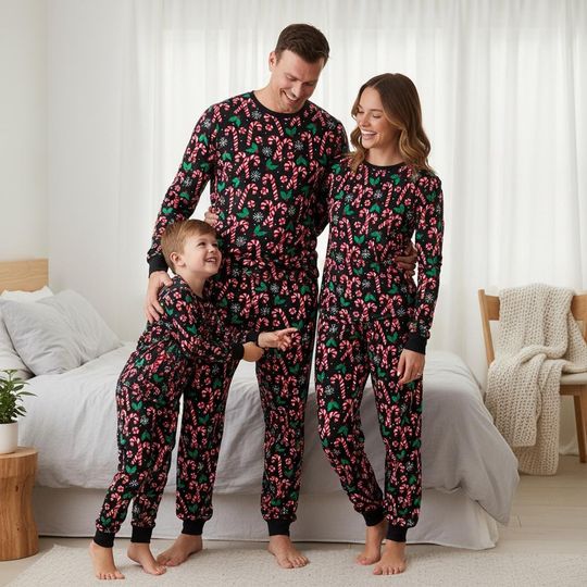 Discover Candy Cane Family Pajamas, Xmas Long Sleeve PJs, Holiday Long Tee & Pants PJs, Family Matching Pajamas Set, Candy Cane Xmas Gift