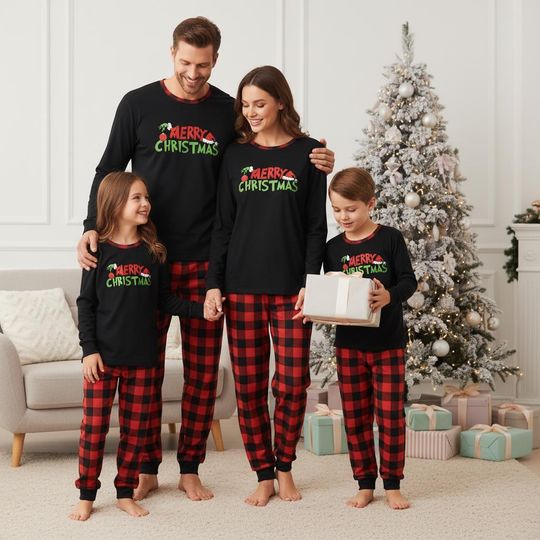 Christmas Family Pajamas, Merry Christmas Long Pajamas, Red Plaid Long Tee & Pants PJs, Family Matching Pajamas Set, Family Pajama Gift