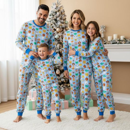 Discover Animal Party Family Pajamas, Cartoon Long Sleeve PJs, Blue Long Tee & Pants PJs, Family Matching Pajamas Set, Family Sleepwear Xmas Gif
