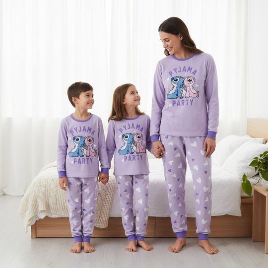 Cartoon Family Pajamas, Pyjama Party Long Pajamas, Heart Print Long Tee & Pants PJs, Family Matching Pajamas Set, Family Sleepwear Xmas