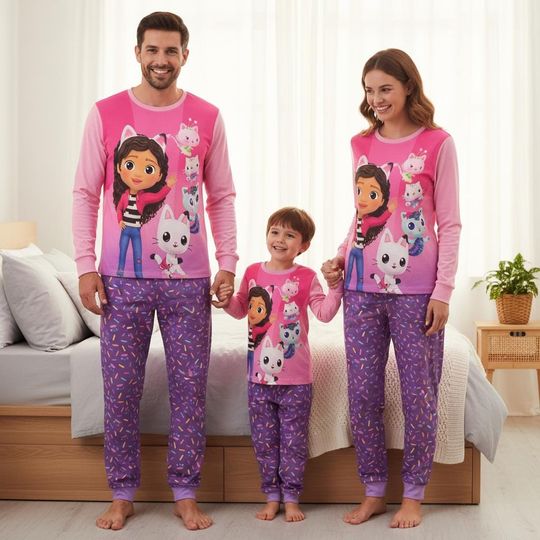 Discover Cat Family Pajamas, Cartoon Long Pajamas, Pink Cat Long Tee & Pants PJs, Family Matching Pajamas Set, Family Pajama Gift