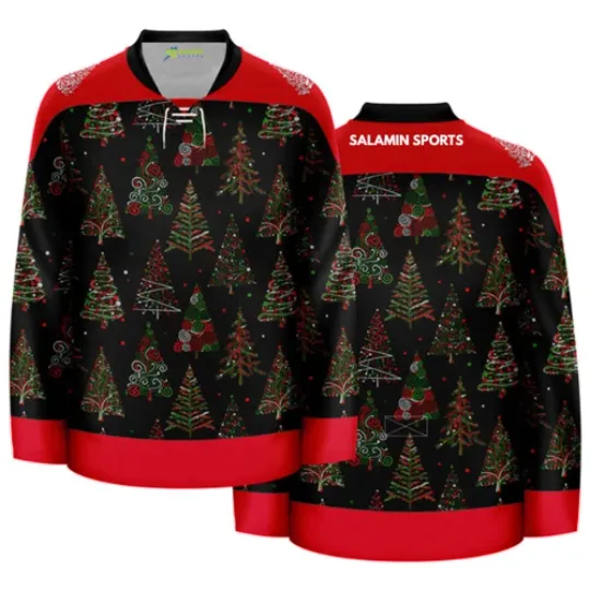 Discover Christmas Trees Ugly Hockey Jersey – Black Holiday Sweater Pullover Style