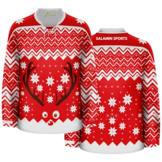 Discover Reindeer Ugly Christmas Hockey Jersey – Red Holiday Sweater Style Shirt