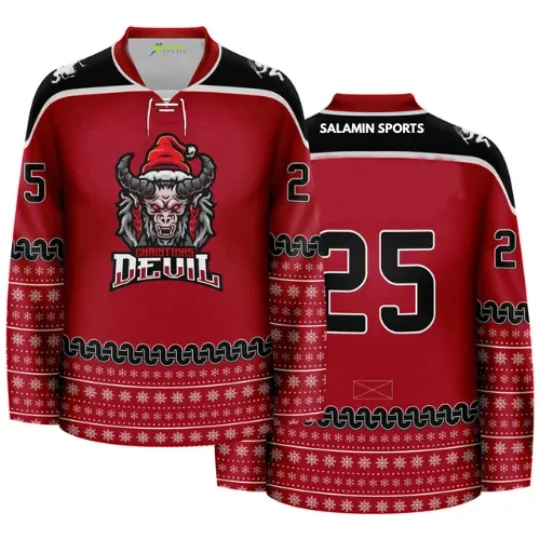 Discover Christmas Devil Hockey Jersey Ugly Sweater Style– Red Holiday Jumper Shirt