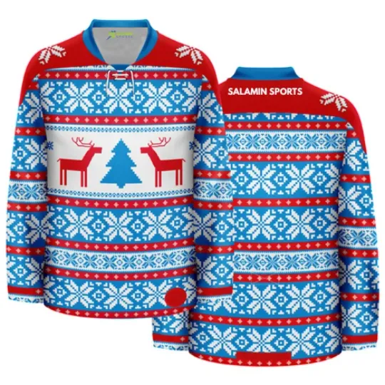 Discover Reindeer Snowflake Christmas Hockey Jersey | Ugly Xmas Holiday Jumper