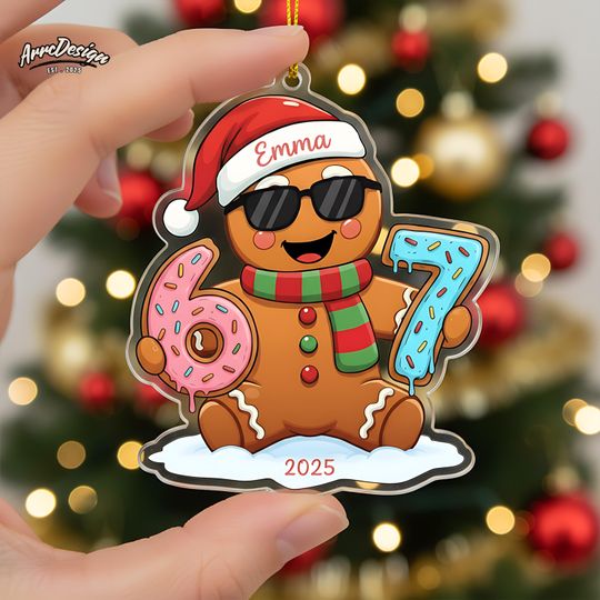 Discover Personalized Gingerbread Six Seven Bruh Sharp Acrylic Ornament: Custom Christmas Decor with Name