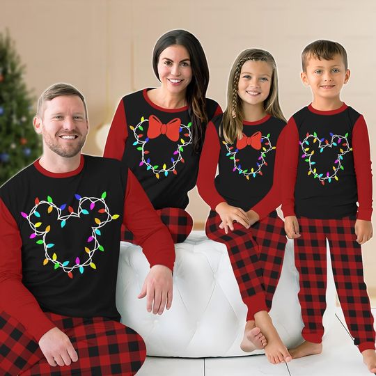 Discover Mickey Minnie Head Christmas Matching Family Pajamas Set, Disney Mouse Lights Christmas Pajamas, Magic Kingdom Holiday Pjs, Xmas Gift