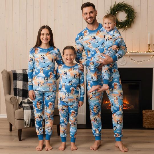 Discover Playful Puppy Family Pajamas, Cute Dog Long Sleeve PJs, Blue Dog Long Tee & Pants PJs, Family Matching PJs Set, Pajama Family Xmas Gift