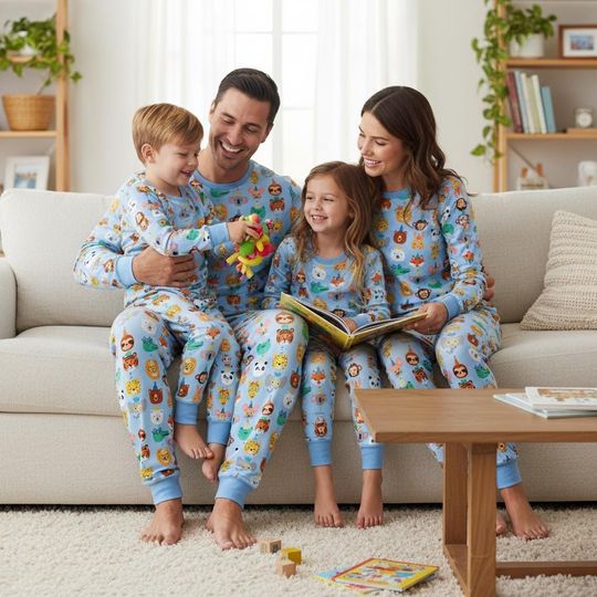 Discover Cute Animal Family Pajamas, Blue Long Sleeve PJs, Cartoon Long Tee & Pants PJs, Family Matching Pajamas Set, Family Pajama Xmas Gift