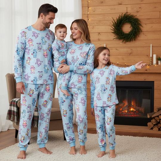 Discover Bears Family Pajamas, Bear Long Pajamas, Blue Bear Long Tee & Pants PJs, Family Matching Pajamas Set, Pajama Family Gift