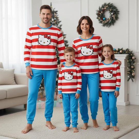 Discover Striped Kitty Family Pajamas, Cute Cat Long Pajamas, Girls Long Tee & Pants PJs, Family Matching Pajamas Set, Pajama Family Gift