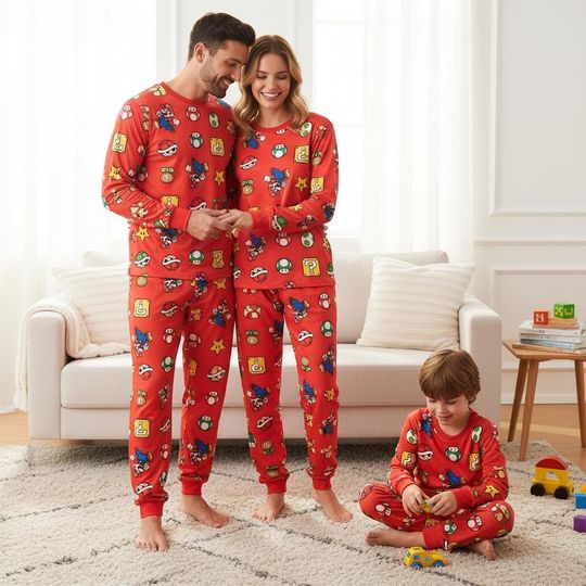 Discover Gamer Family Pajamas, Mari0 Long Pajamas, GAming Kids PJs, Red Long Tee & Pants PJs, Family Matching Pajamas Set, Pajama Family Gift